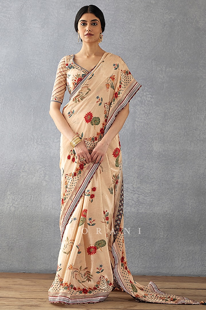 Beige Handwoven Chanderi Digital Printed Party Wear Saree  by TORANI at Pernia's Pop Up Shop
