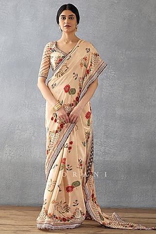 Beige Handwoven Chanderi Digital Printed Saree  by TORANI