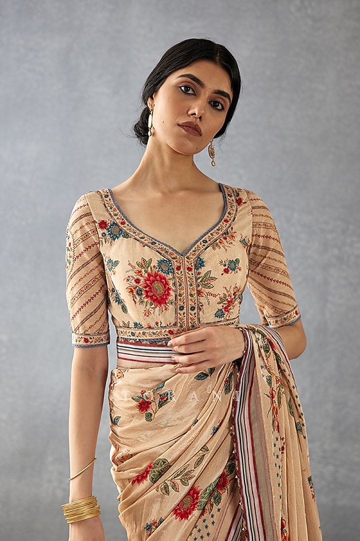 Beige Handwoven Chanderi Digital Printed Party Wear Saree  by TORANI at Pernia's Pop Up Shop