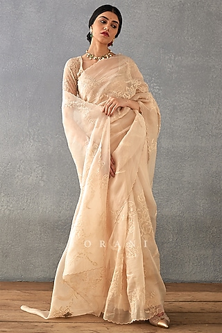 Beige Silk Organza Digital Printed Saree by TORANI
