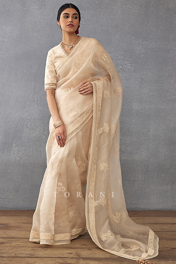 Beige Silk Organza Digital Printed Wedding Saree by TORANI at Pernia's Pop Up Shop
