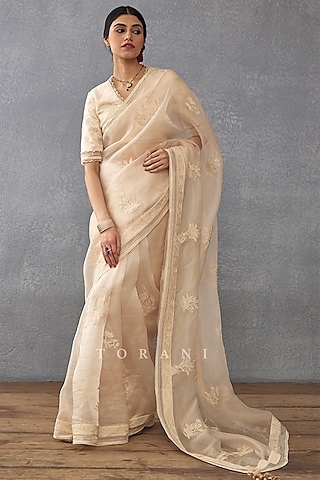 Beige Silk Organza Digital Printed Saree by TORANI