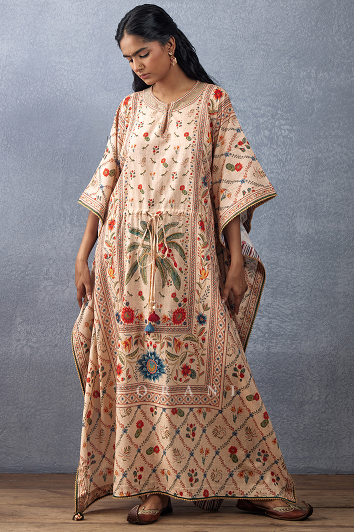 Beige Handwoven Chanderi Digital Printed Kaftan by TORANI at Pernia's Pop Up Shop