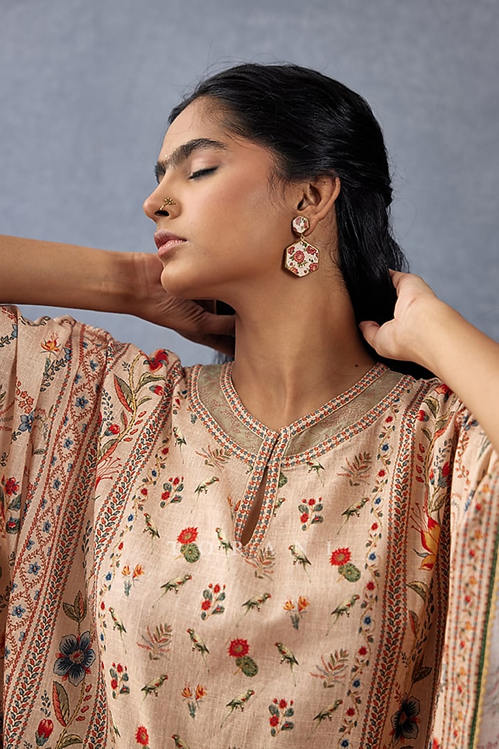 Beige Handwoven Chanderi Digital Printed Kaftan by TORANI at Pernia's Pop Up Shop