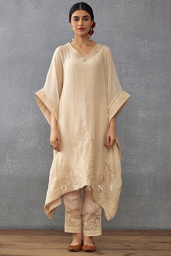 Beige Handwoven Chanderi Embroidered Kaftan Set by TORANI at Pernia's Pop Up Shop