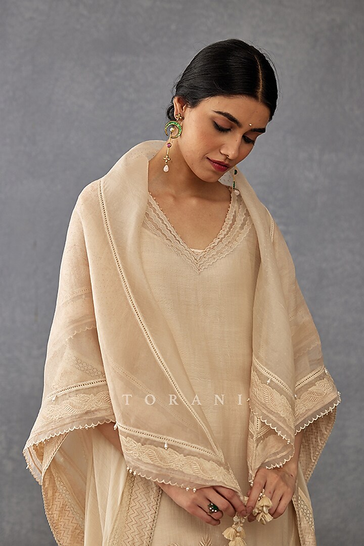 Beige Handwoven Chanderi Embroidered Kaftan Set by TORANI at Pernia's Pop Up Shop