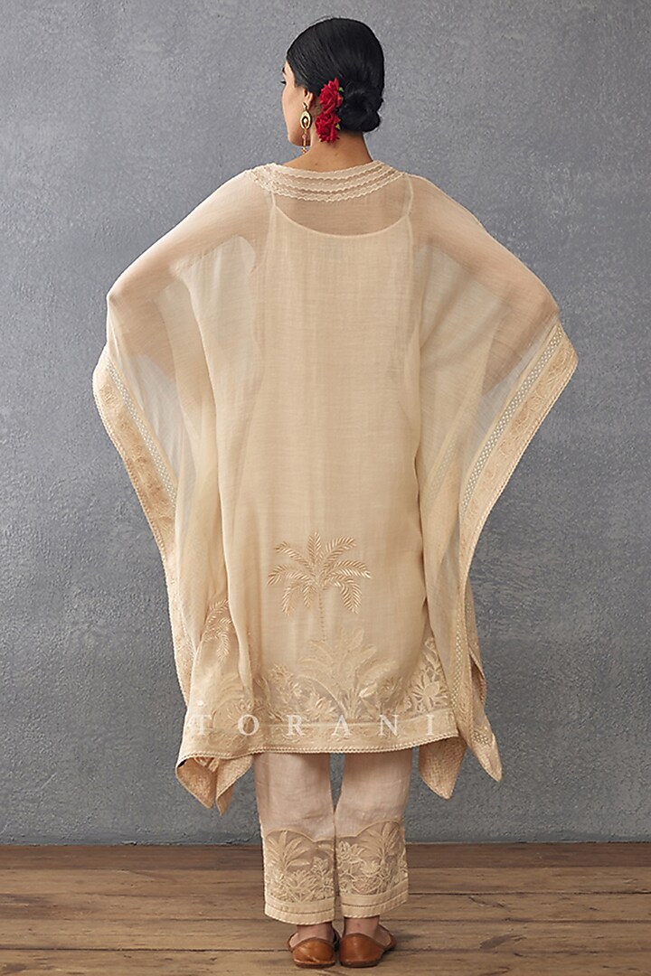 Beige Linen Hand Embroidered Scarf by TORANI at Pernia's Pop Up Shop