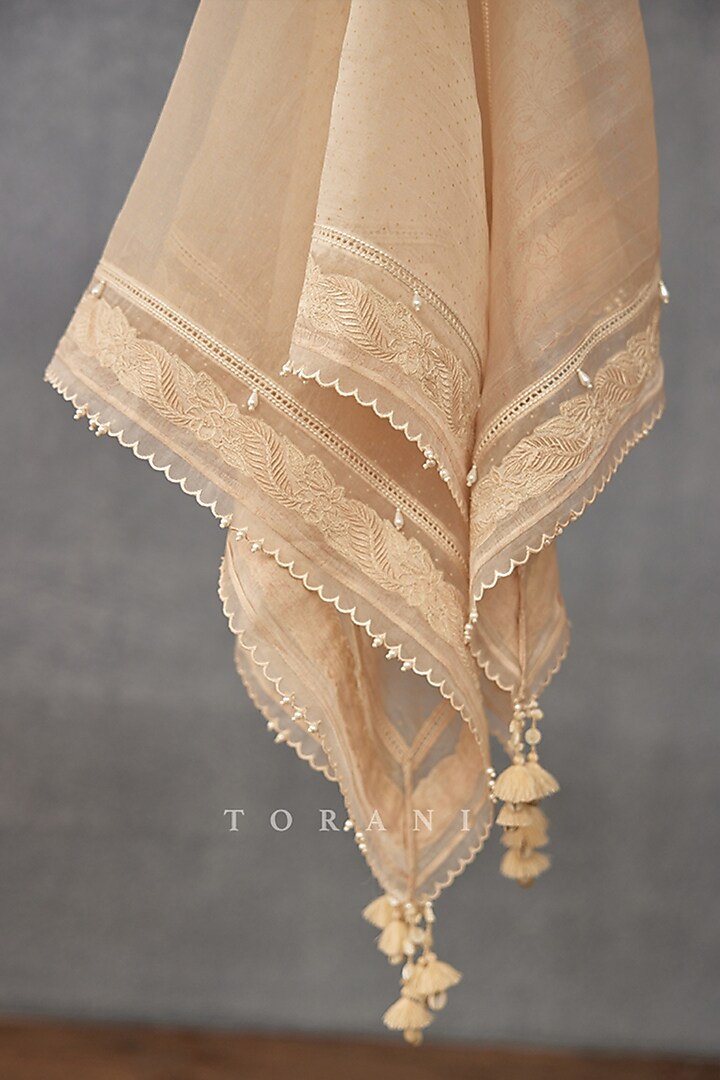 Beige Linen Hand Embroidered Scarf by TORANI at Pernia's Pop Up Shop