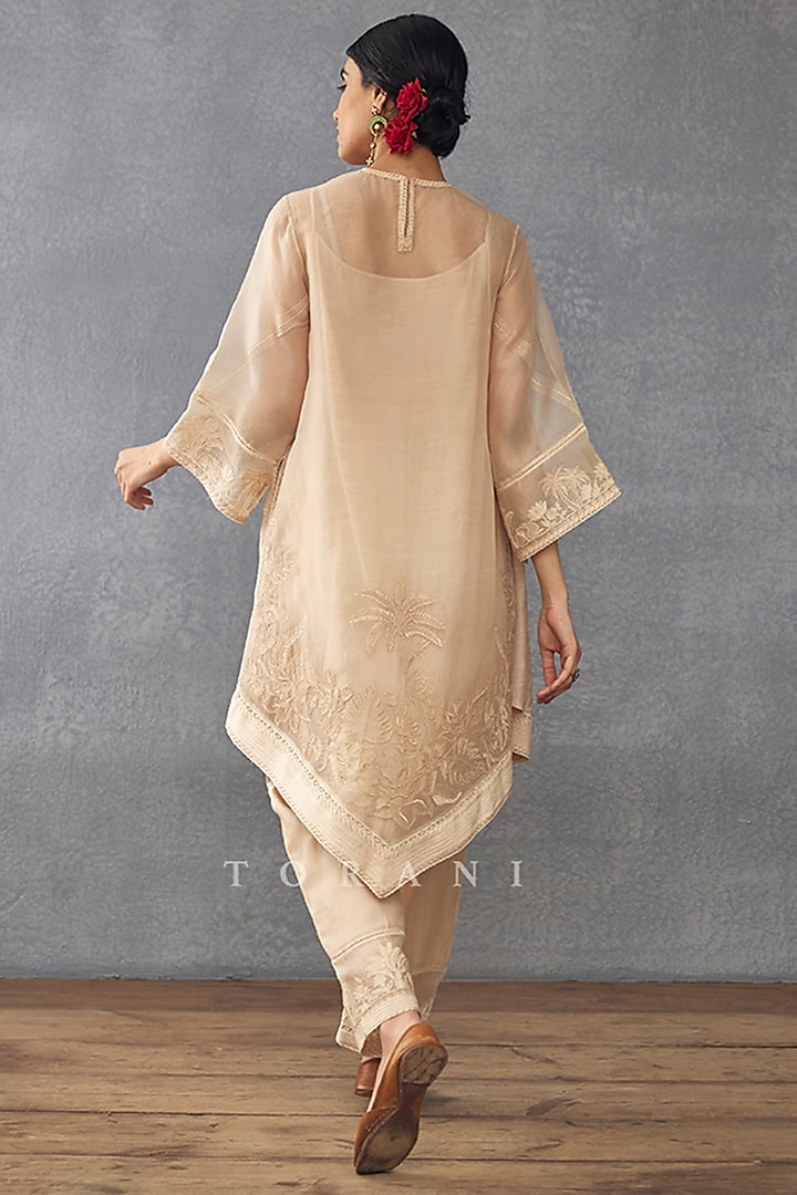 Beige Handwoven Chanderi Embroidered Kaftan Set by TORANI at Pernia's Pop Up Shop