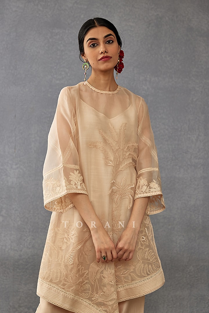 Beige Handwoven Chanderi Embroidered Kaftan Set by TORANI at Pernia's Pop Up Shop
