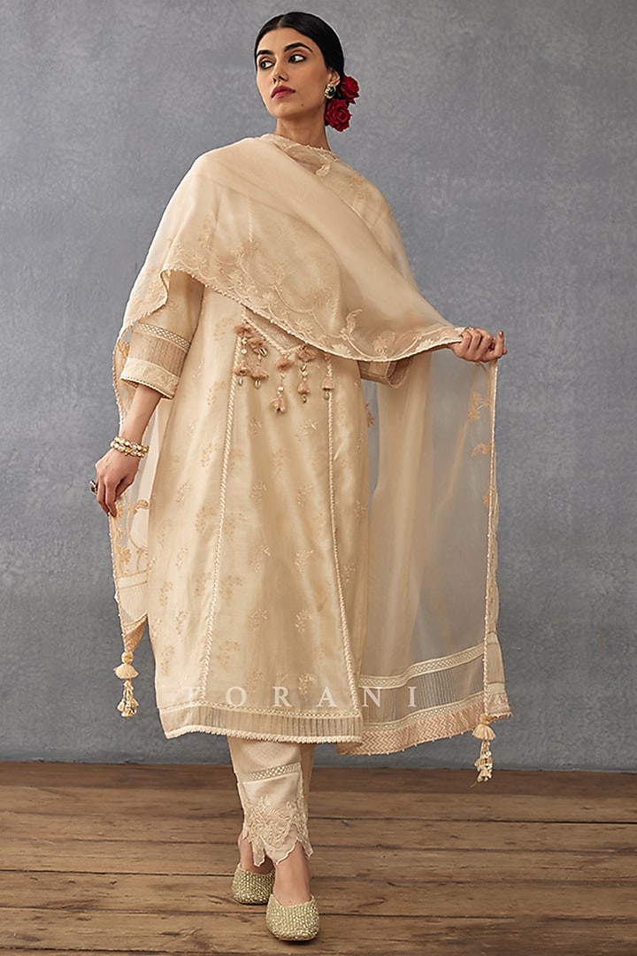 Beige Handwoven Chanderi Embroidered Kurta Set by TORANI at Pernia's Pop Up Shop