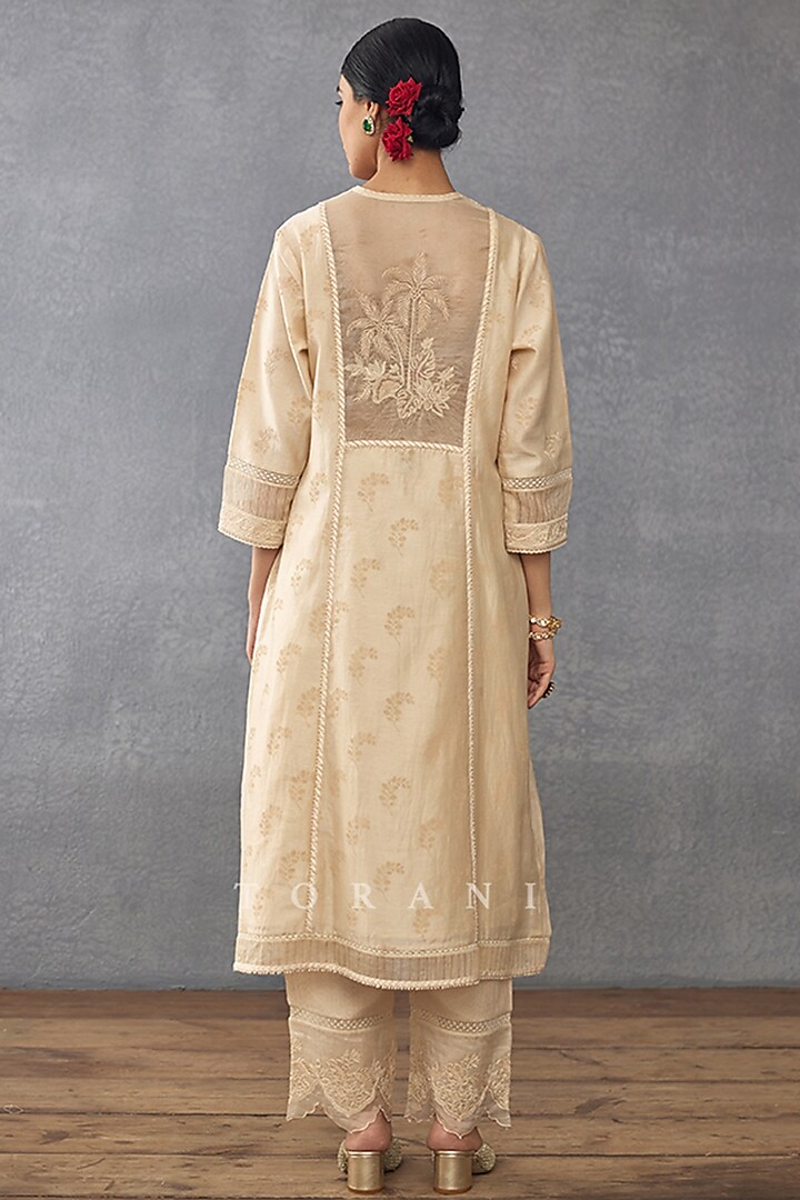 Beige Handwoven Chanderi Embroidered Kurta Set by TORANI at Pernia's Pop Up Shop