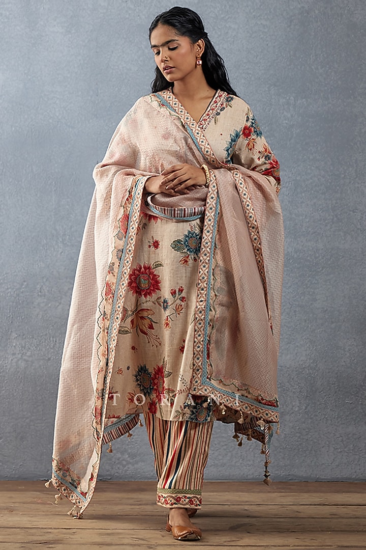 Beige Slub Cotton Printed Kurta Set by TORANI at Pernia's Pop Up Shop