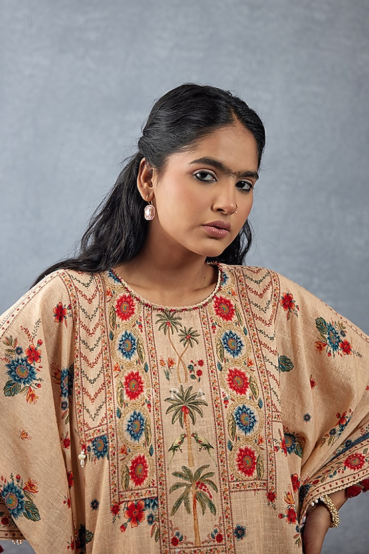 Beige Slub Cotton Digital Printed Kaftan by TORANI at Pernia's Pop Up Shop