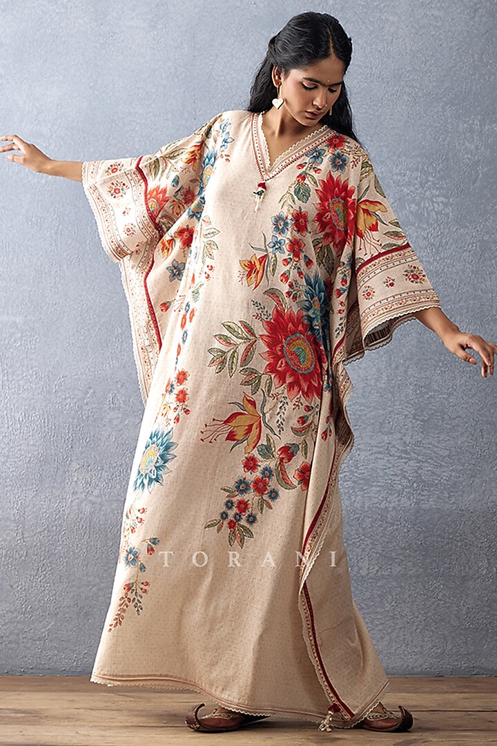 Beige Slub Cotton Digital Printed Kaftan by TORANI at Pernia's Pop Up Shop