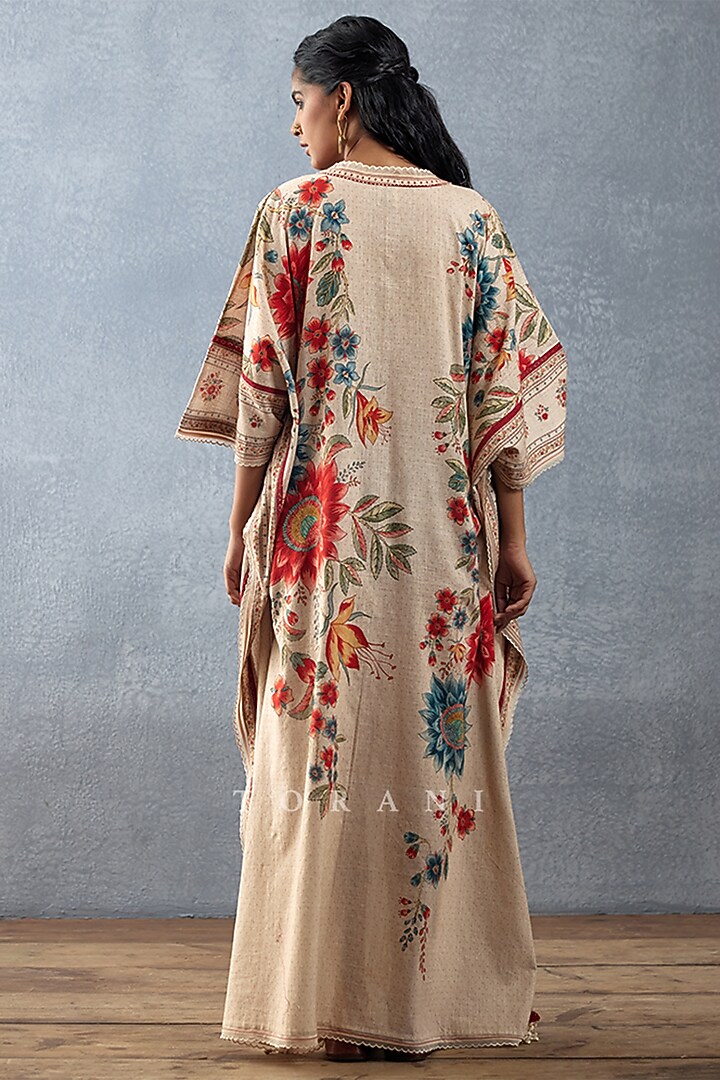Beige Slub Cotton Digital Printed Kaftan by TORANI at Pernia's Pop Up Shop