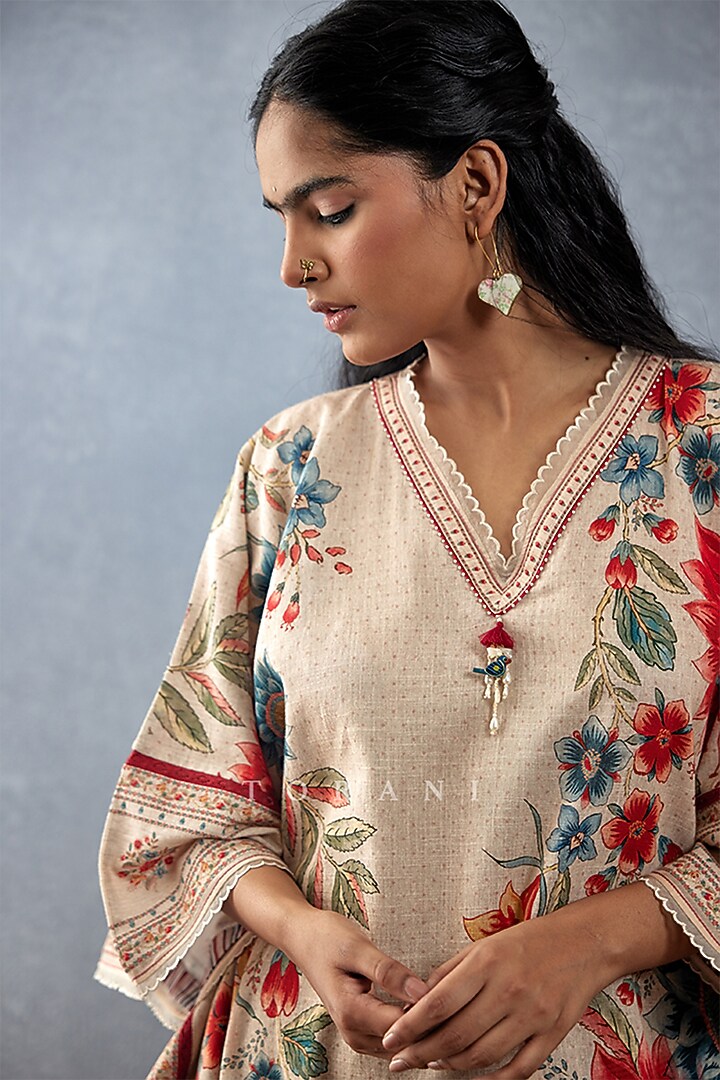 Beige Slub Cotton Digital Printed Kaftan by TORANI at Pernia's Pop Up Shop