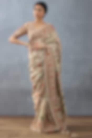 Beige Handwoven Chanderi Digital Printed Wedding Saree by TORANI at Pernia's Pop Up Shop