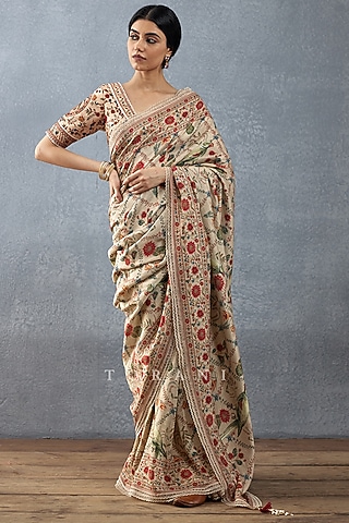 Beige Handwoven Chanderi Digital Printed Saree by TORANI
