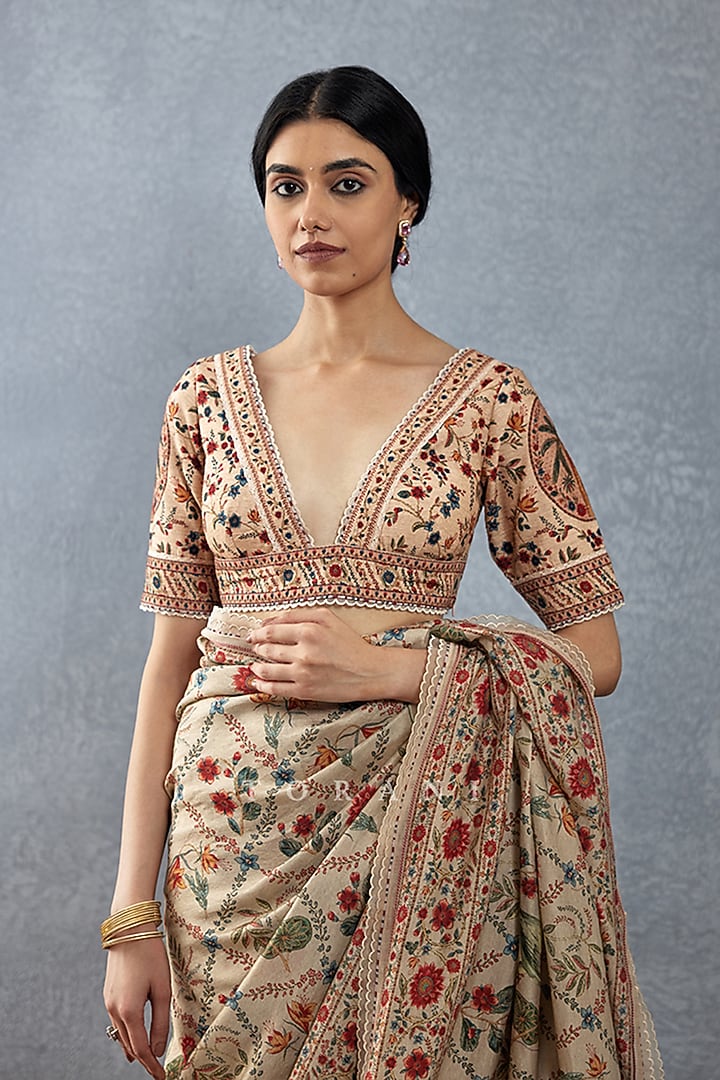 Beige Handwoven Chanderi Digital Printed Wedding Saree by TORANI at Pernia's Pop Up Shop