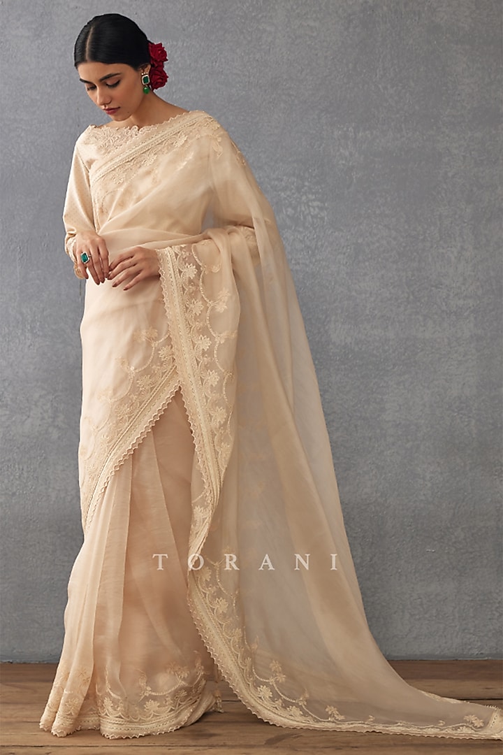 Beige Silk Organza Hand Embroidered Wedding Saree by TORANI at Pernia's Pop Up Shop