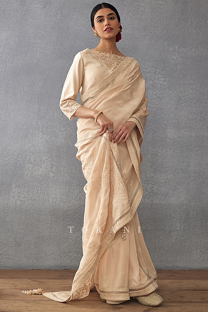 Beige Silk Organza Hand Embroidered Wedding Saree by TORANI at Pernia's Pop Up Shop