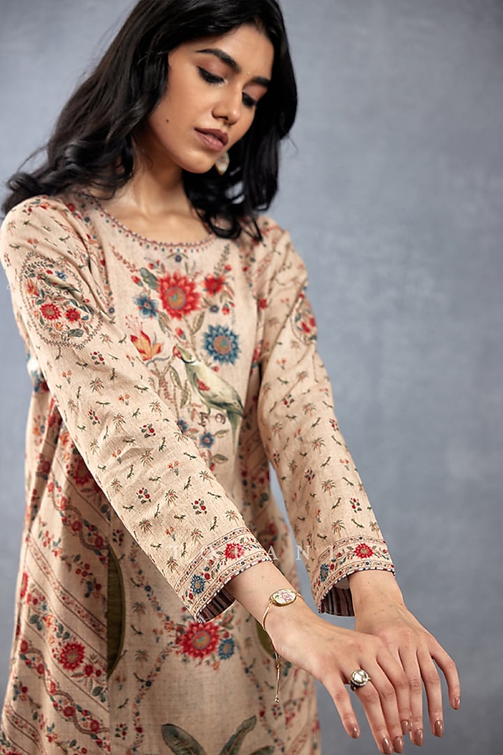 Beige Slub Silk Digital Printed Kurta Set by TORANI at Pernia's Pop Up Shop