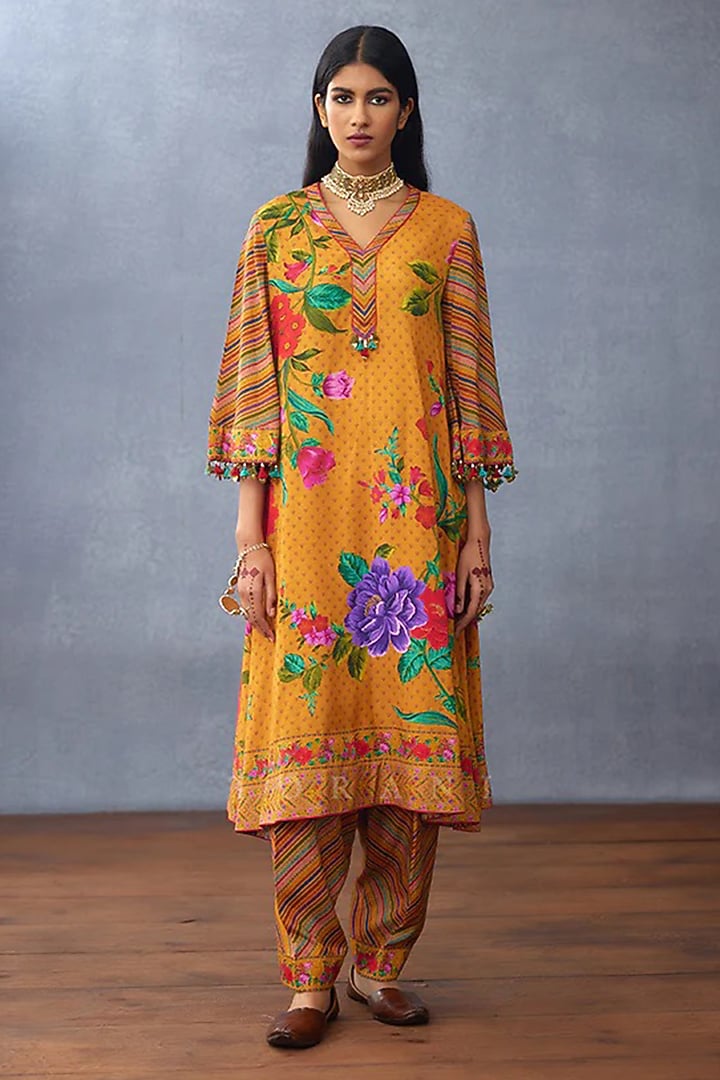Yellow Silk Slub Embellished Kurta Set by TORANI at Pernia's Pop Up Shop