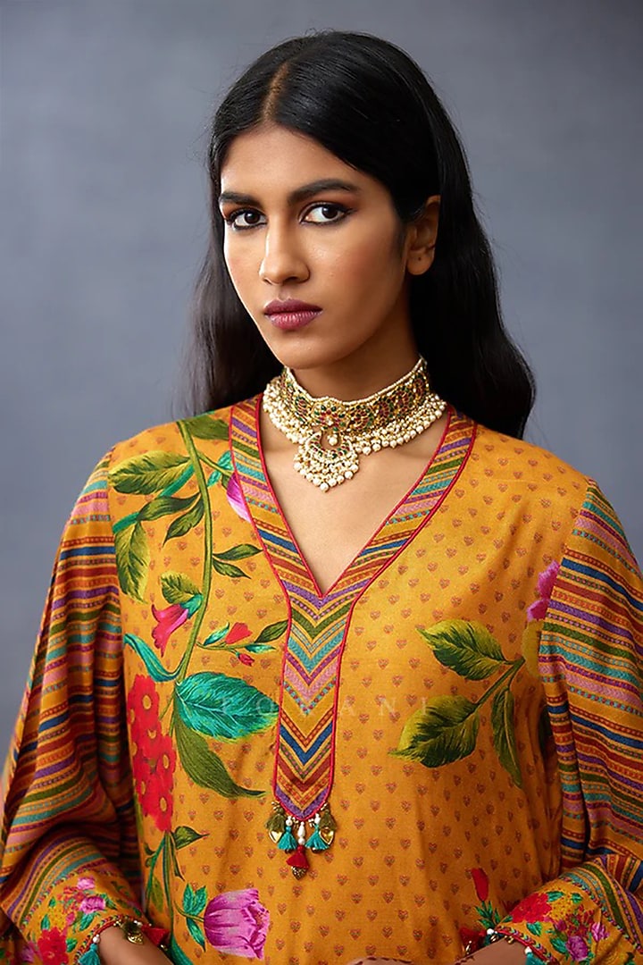 Yellow Silk Slub Embellished Kurta Set by TORANI at Pernia's Pop Up Shop