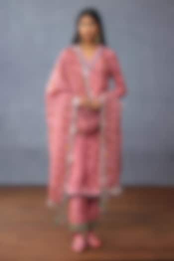 Pink Silk Slub Embroidered Kurta Set by TORANI at Pernia's Pop Up Shop