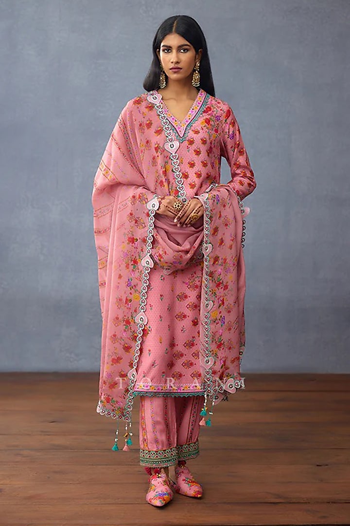 Pink Silk Slub Embroidered Kurta Set by TORANI at Pernia's Pop Up Shop