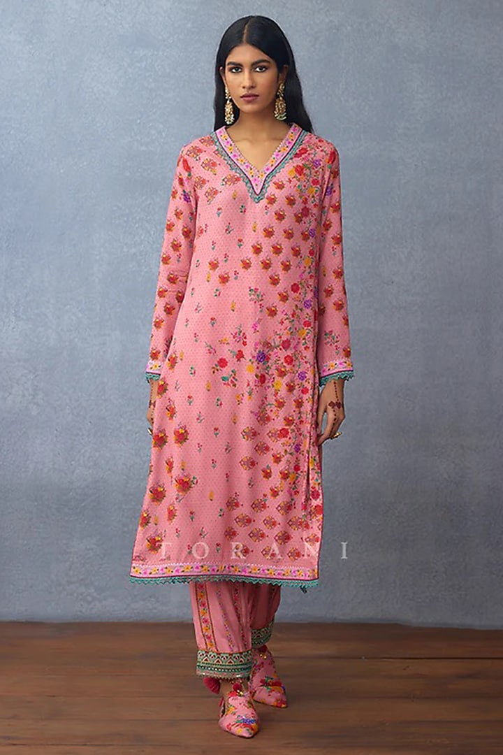Pink Silk Slub Embroidered Kurta Set by TORANI at Pernia's Pop Up Shop