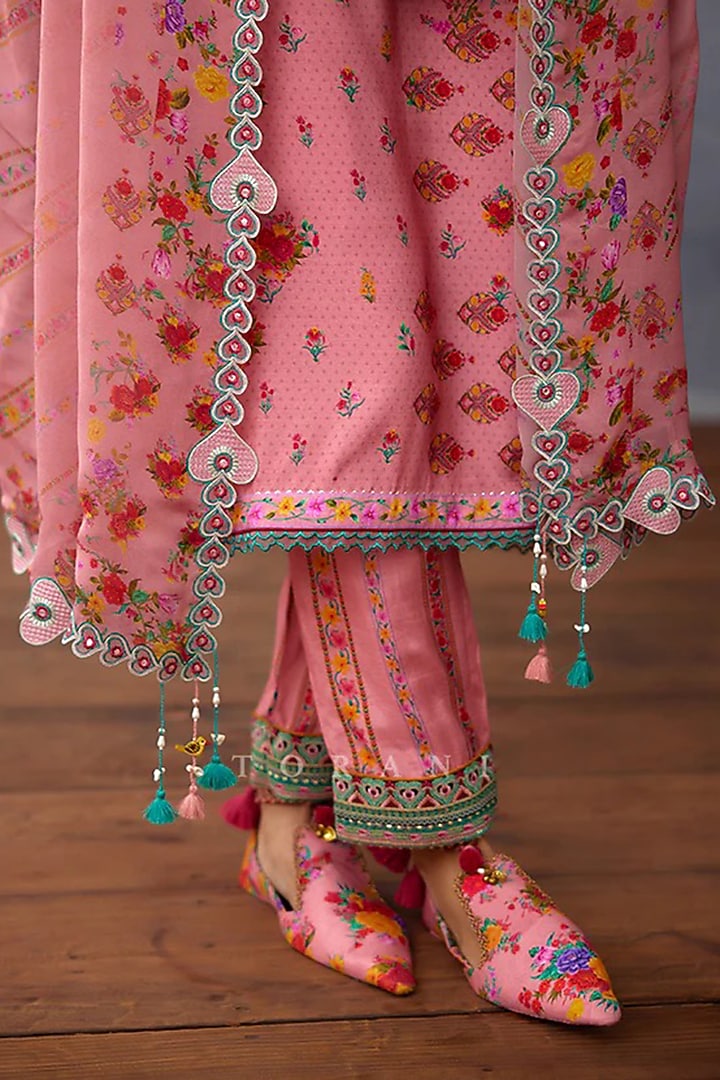 Pink Silk Slub Embroidered Kurta Set by TORANI at Pernia's Pop Up Shop