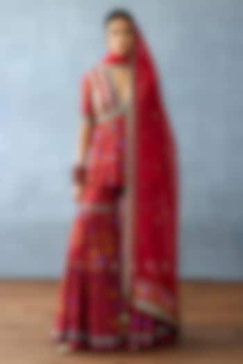 Red Silk Slub Gota Embroidered Wedding Sharara Set by TORANI at Pernia's Pop Up Shop