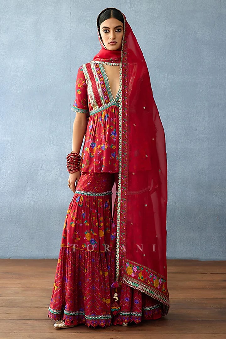 Red Silk Slub Gota Embroidered Wedding Sharara Set by TORANI at Pernia's Pop Up Shop