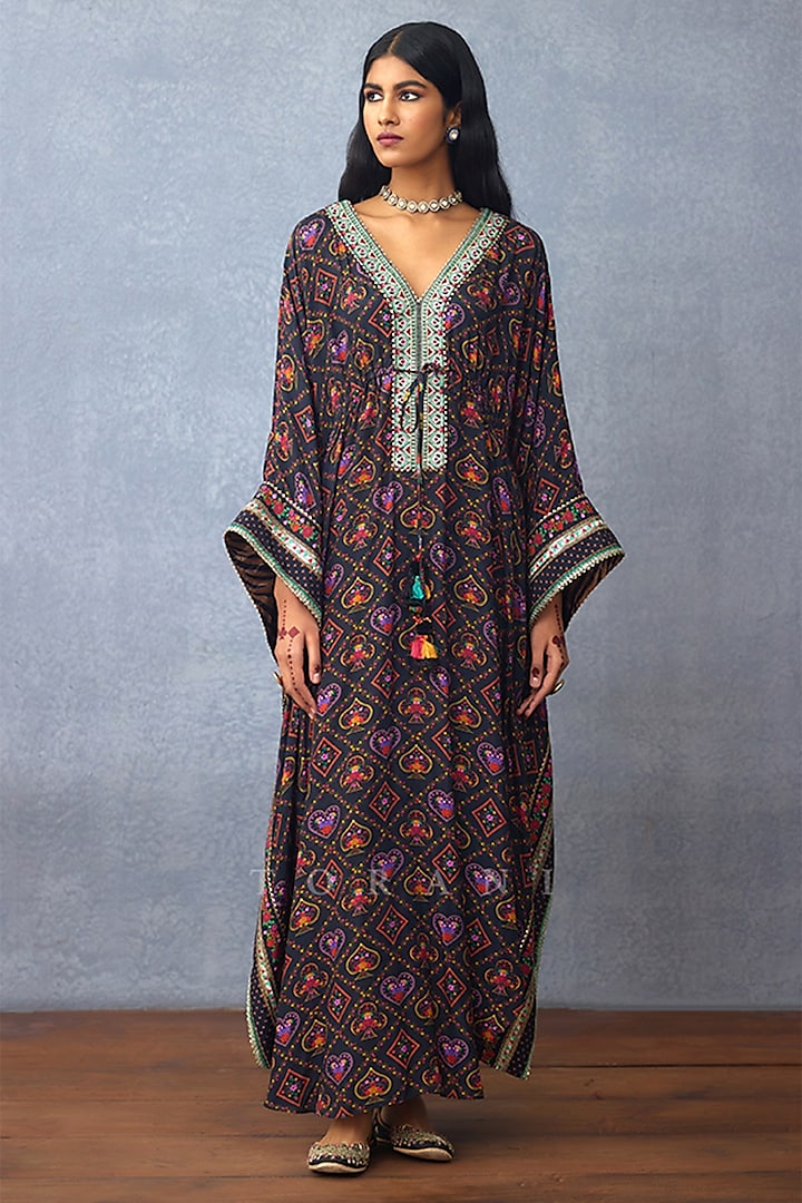 Black Muslin Silk Digital Printed Kaftan by TORANI at Pernia's Pop Up Shop