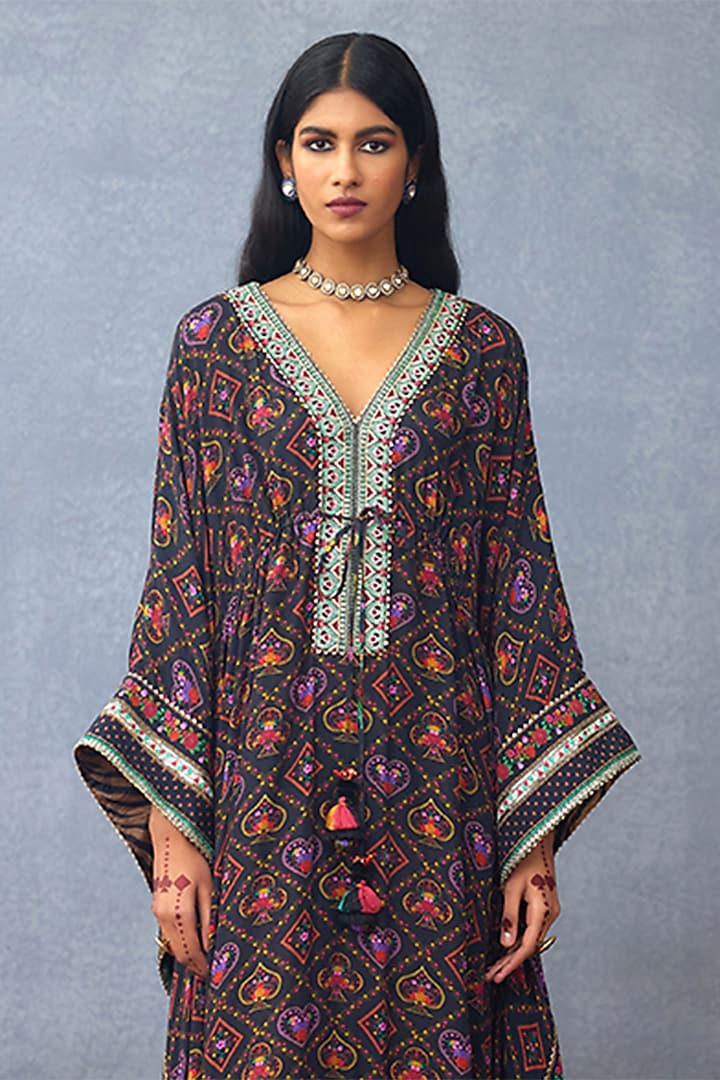 Black Muslin Silk Digital Printed Kaftan by TORANI at Pernia's Pop Up Shop