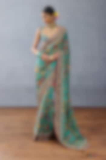 Aqua Crepe Digital Printed Wedding Saree by TORANI at Pernia's Pop Up Shop