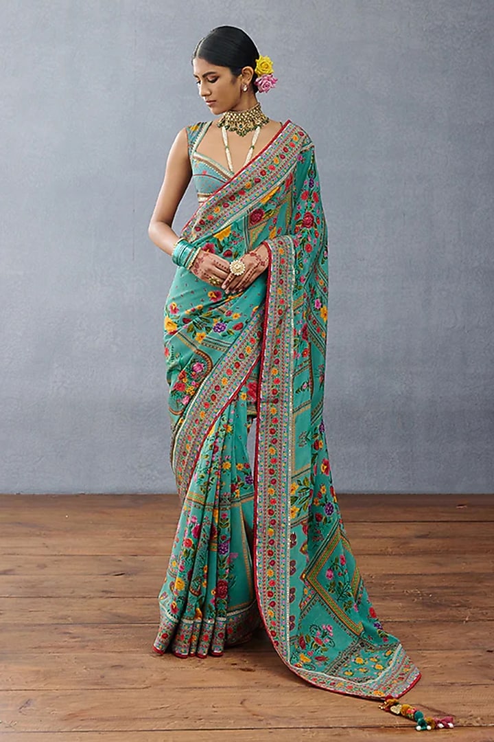 Aqua Crepe Digital Printed Wedding Saree by TORANI at Pernia's Pop Up Shop