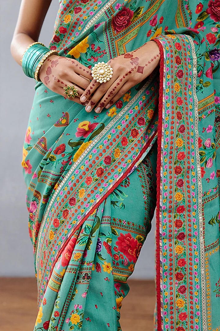 Aqua Crepe Digital Printed Wedding Saree by TORANI at Pernia's Pop Up Shop
