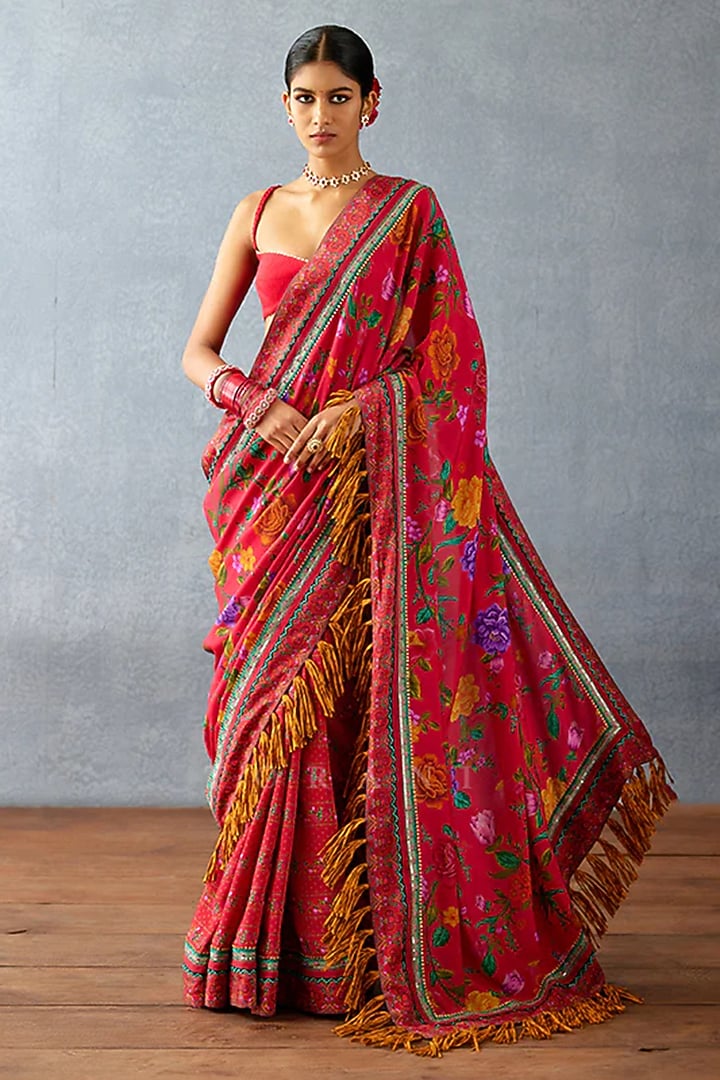 Red Silk Slub Embellished Wedding Saree by TORANI at Pernia's Pop Up Shop