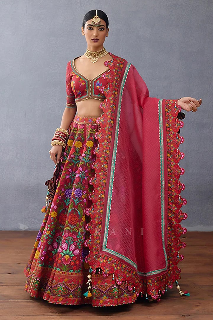 Red Organza & Jeni Silk Digital Printed Wedding Lehenga Set by TORANI at Pernia's Pop Up Shop