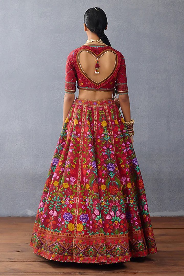 Red Organza & Jeni Silk Digital Printed Wedding Lehenga Set by TORANI at Pernia's Pop Up Shop