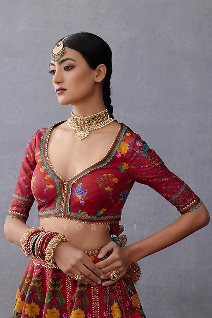 Red Organza & Jeni Silk Digital Printed Wedding Lehenga Set by TORANI at Pernia's Pop Up Shop