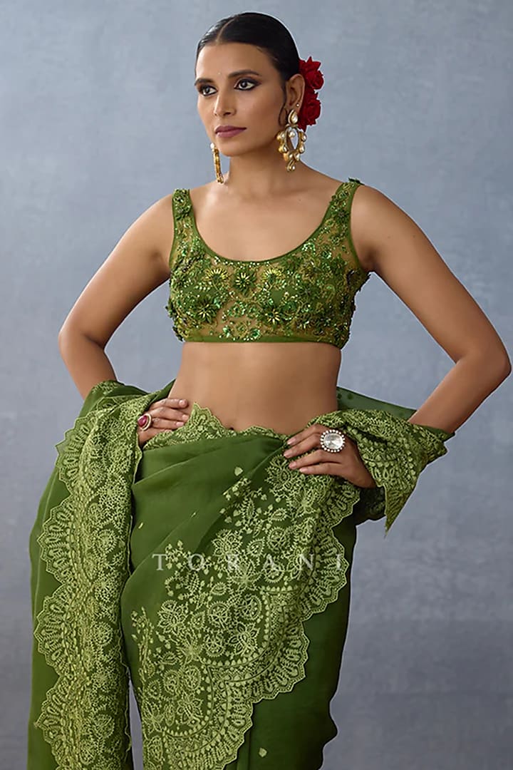 Green Butterfly Net Embroidered Blouse by TORANI at Pernia's Pop Up Shop