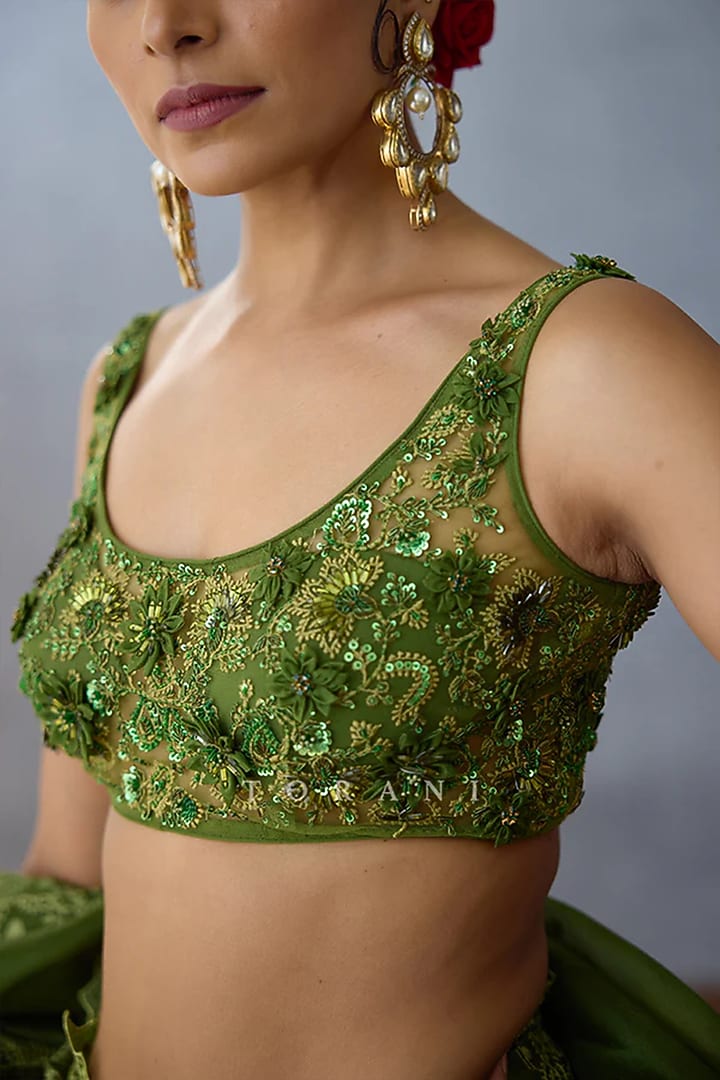 Green Butterfly Net Embroidered Blouse by TORANI at Pernia's Pop Up Shop