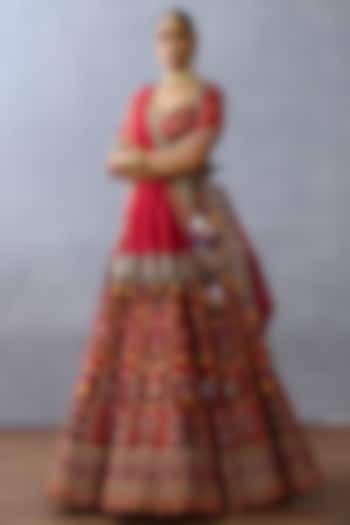 Red Organza & Jeni Silk Printed Bridal Lehenga Set by TORANI at Pernia's Pop Up Shop