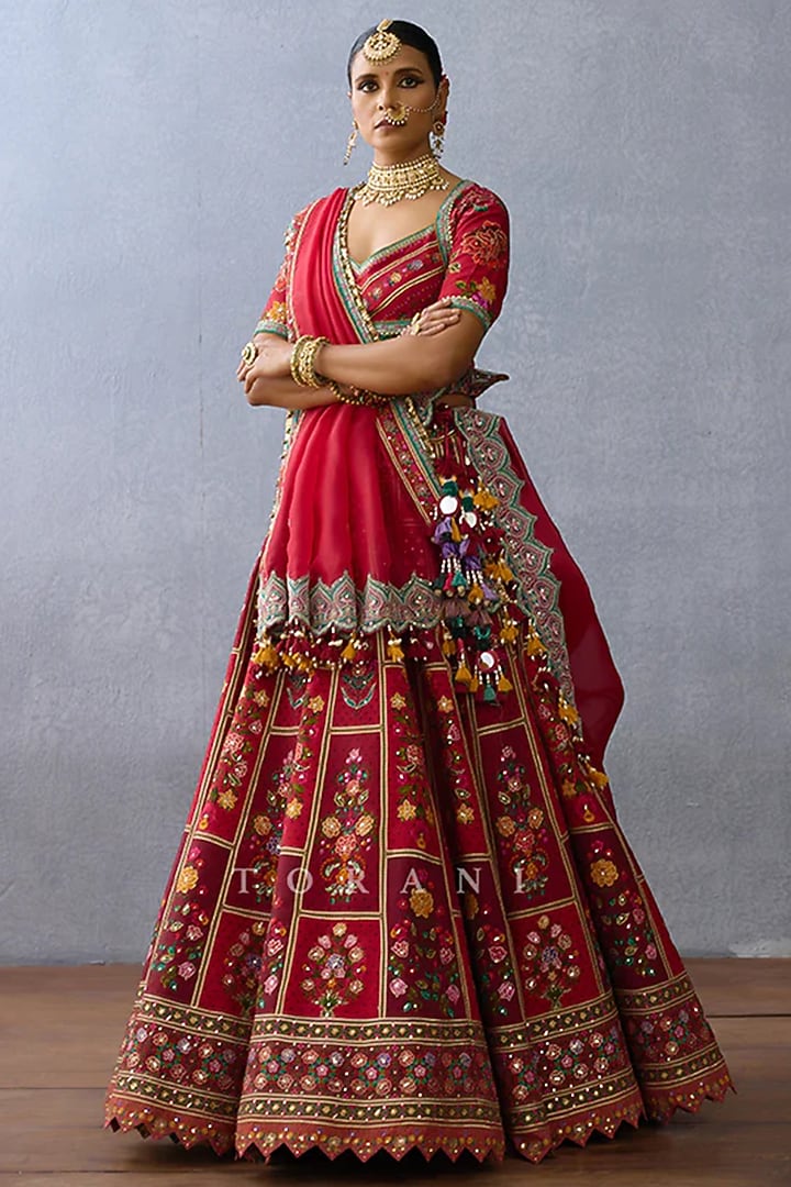 Red Organza & Jeni Silk Printed Bridal Lehenga Set by TORANI at Pernia's Pop Up Shop