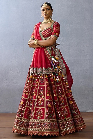 Red Organza & Jeni Silk Printed Lehenga Set by TORANI