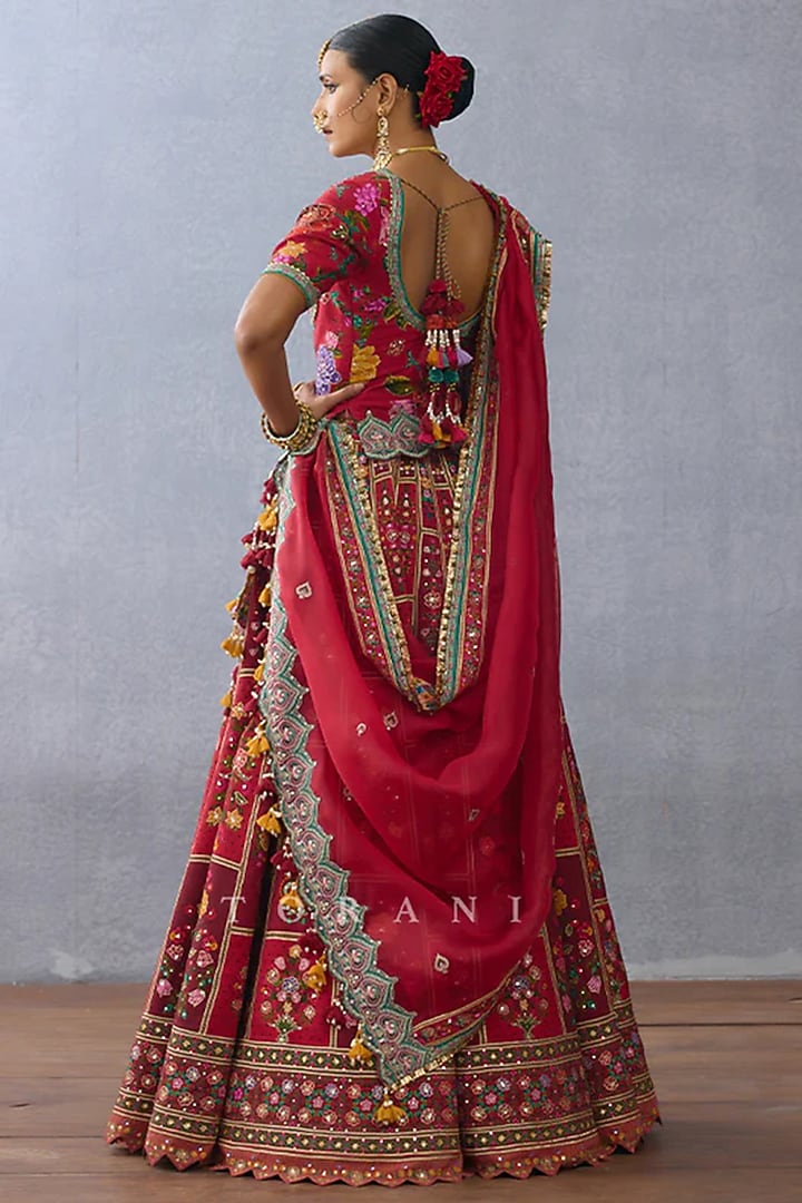 Red Organza & Jeni Silk Printed Bridal Lehenga Set by TORANI at Pernia's Pop Up Shop